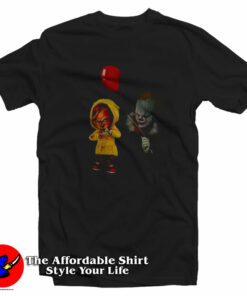 Chucky Doll and Pennywise Halloween Graphic T-Shirt On Sale Chucky Doll and Pennywise Halloween Graphic T-Shirt On Sale