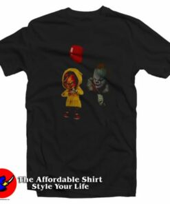 Chucky Doll and Pennywise Halloween Graphic T-Shirt On Sale Chucky Doll and Pennywise Halloween Graphic T-Shirt On Sale
