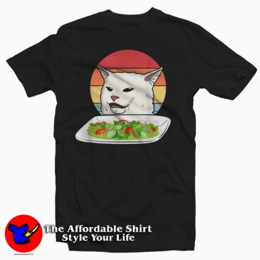 Confused Cat at Dinner Table Funny T Shirt