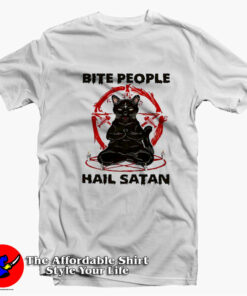 Funny Black Cat Bite People Hail Satan Unisex T-shirt On Sale Funny Black Cat Bite People Hail Satan Unisex T-shirt On Sale