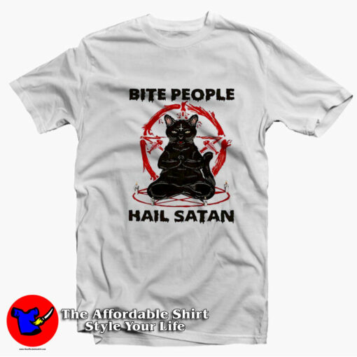 Funny Black Cat Bite People Hail Satan Unisex T-shirt On Sale