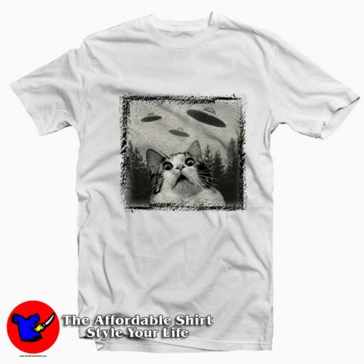 Funny Cat And Ufo Graphic Unisex T-Shirt On Sale