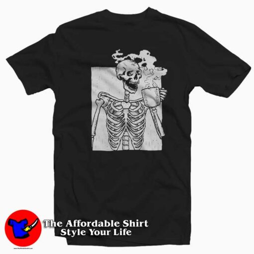 Funny Drinking Coffee Skeleton Unisex T-shirt On Sale