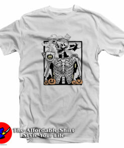 Funny Halloween Skeleton Drinking Coffee T-Shirt On Sale