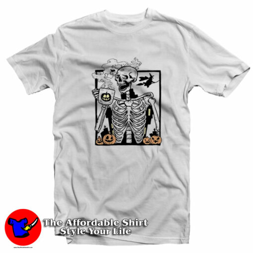 Funny Halloween Skeleton Drinking Coffee T-Shirt On Sale