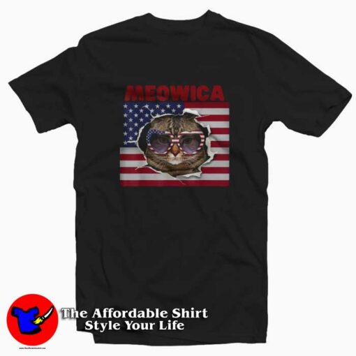 Meowica USA Patriotic Kitty American Flag T-shirt On Sale