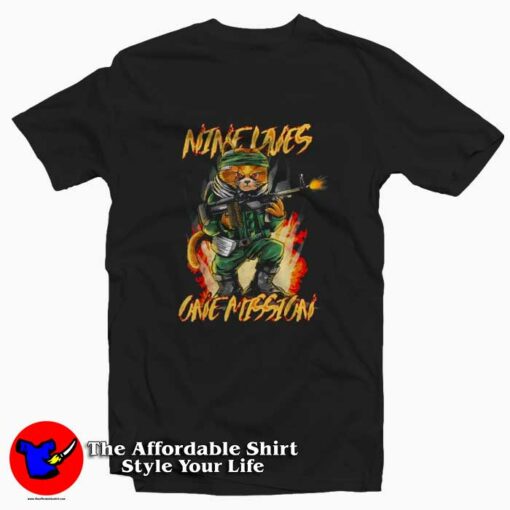 Nine Lives One Mission Cat Machine Gun Graphic T-Shirt On Sale