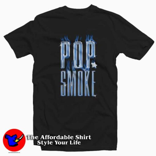 Pop Smoke Chrome Letters & Blue Flames T-shirt On Sale