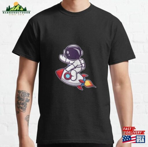 #01 Cute Astronaut Riding Rocket Cartoon Classic T-Shirt Unisex