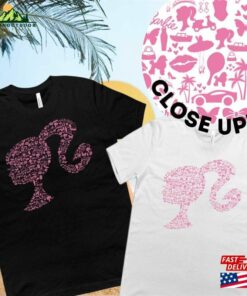 Barbie Head With Ponytail Logo T-Shirt Featuring A Vibrant Pink Design Made Up Of Iconic Accessories Shirt Movie 2023 Hoodie Barbie Head With Ponytail Logo T-Shirt Featuring A Vibrant Pink Design Made Up Of Iconic Accessories Shirt Movie 2023 Hoodie