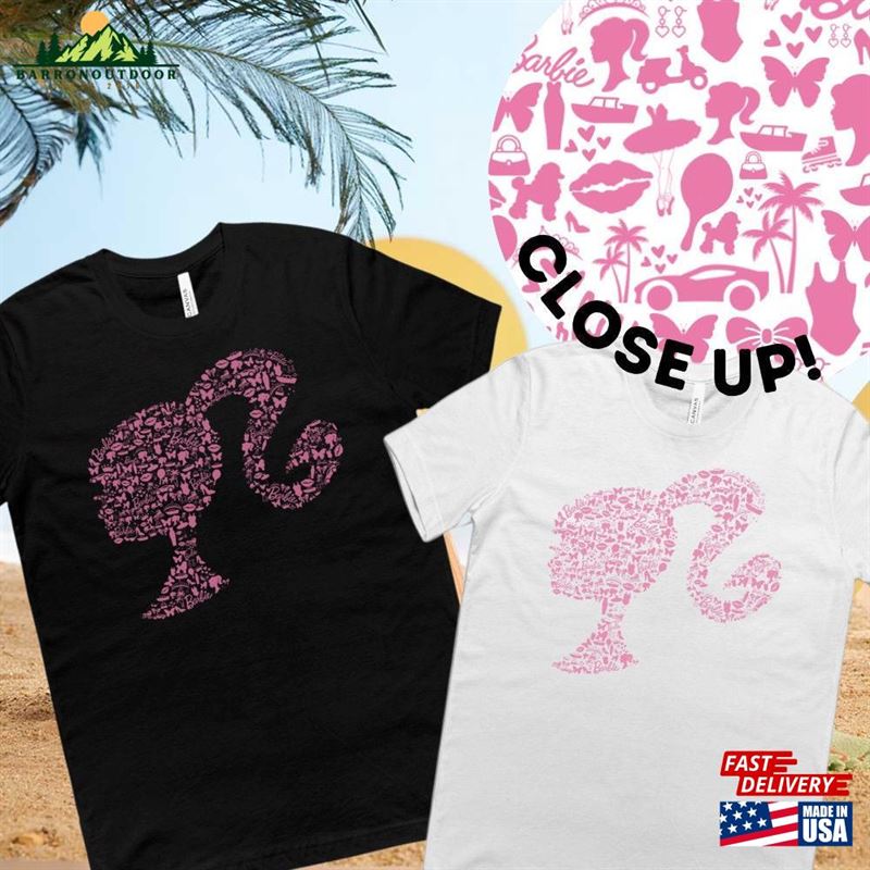 Barbie Head With Ponytail Logo T-Shirt Featuring A Vibrant Pink Design Made Up Of Iconic Accessories Shirt Movie 2023 Hoodie Barbie Head With Ponytail Logo T-Shirt Featuring A Vibrant Pink Design Made Up Of Iconic Accessories Shirt Movie 2023 Hoodie