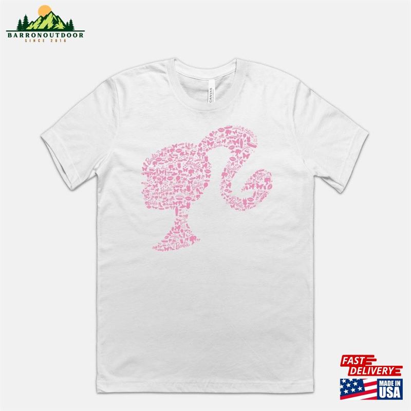 Barbie Head With Ponytail Logo T-Shirt Featuring A Vibrant Pink Design Made Up Of Iconic Accessories Shirt Movie 2023 Hoodie Barbie Head With Ponytail Logo T-Shirt Featuring A Vibrant Pink Design Made Up Of Iconic Accessories Shirt Movie 2023 Hoodie