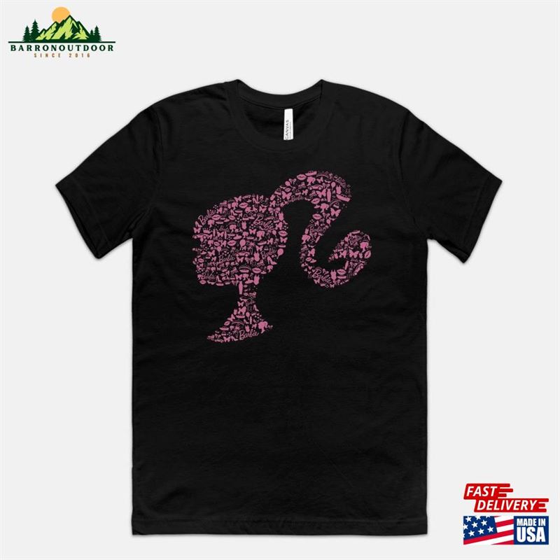 Barbie Head With Ponytail Logo T-Shirt Featuring A Vibrant Pink Design Made Up Of Iconic Accessories Shirt Movie 2023 Hoodie Barbie Head With Ponytail Logo T-Shirt Featuring A Vibrant Pink Design Made Up Of Iconic Accessories Shirt Movie 2023 Hoodie
