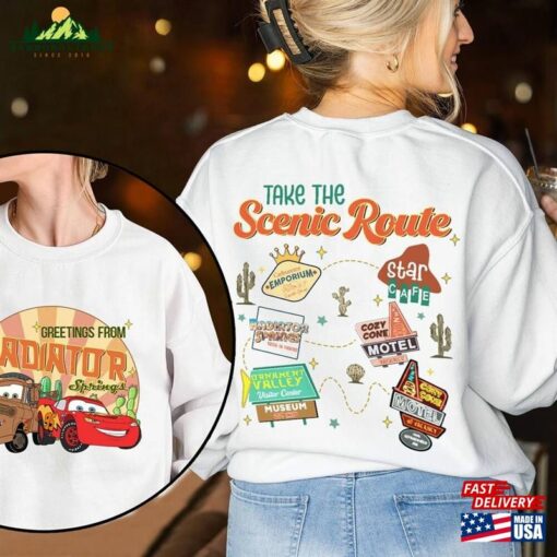 Cars Land Radiator Springs Two Sided Shirt Lightning Mcqueen Mater Scenic Route Family Vacation Magic Kingdom Classic Hoodie