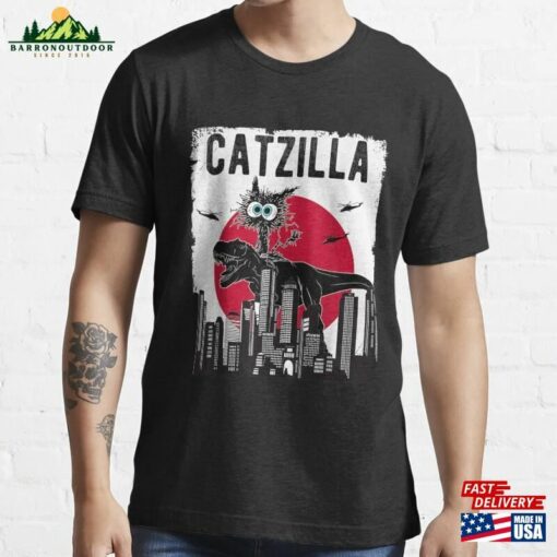 Catzilla Funny Retro Cat Kitten Riding T Rex Lovers Clothing T-Shirt Essential Hoodie Unisex