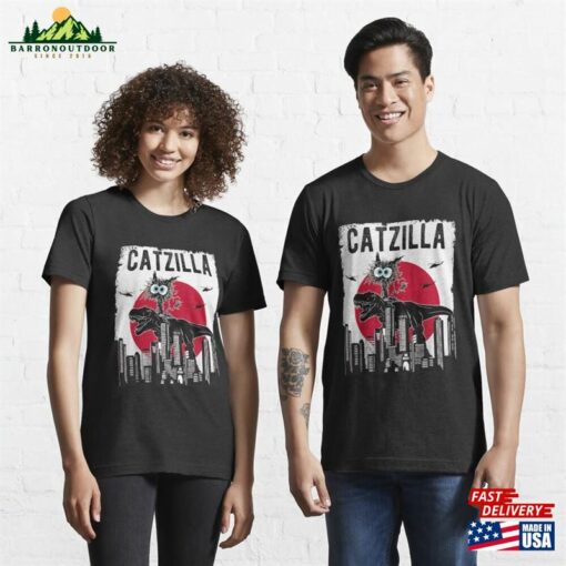 Catzilla Funny Retro Cat Kitten Riding T Rex Lovers Clothing T-Shirt Essential Hoodie Unisex