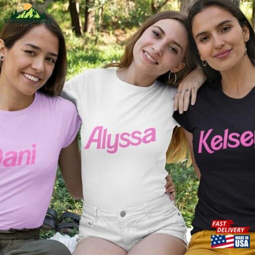 Custom Text Women’s Relaxed T-Shirt Gift For Bachelorette Bridesmaid Sorority Group Pink Font Personalized Name Sweatshirt Unisex