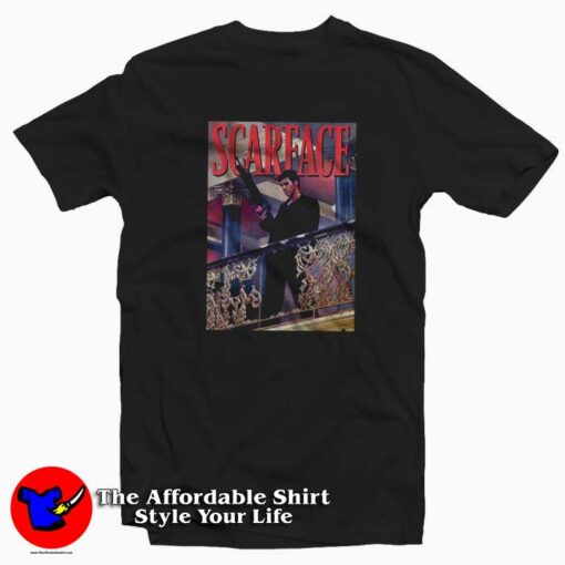 Scarface Tony Montana Balcony Railing Shot T-shirt On Sale