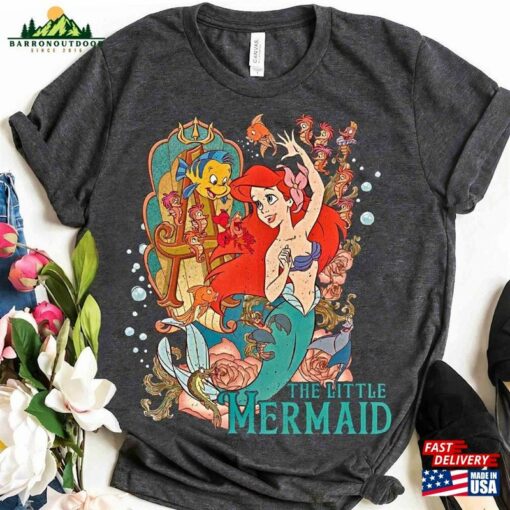 Disney Little Mermaid Movie Ariel Princess Flounder Sebastian Retro Shirt Magic Kingdom Unisex T-Shirt Family Birthday Gift Adult Kid Tee Classic