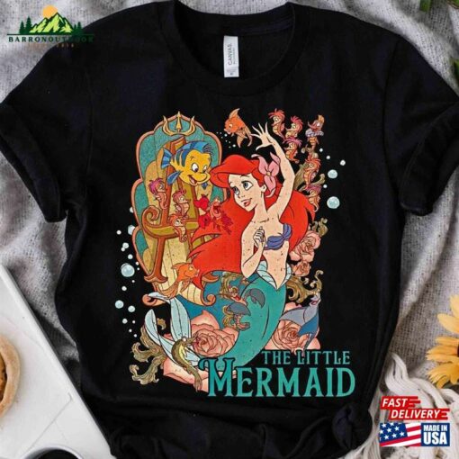 Disney Little Mermaid Movie Ariel Princess Flounder Sebastian Retro Shirt Magic Kingdom Unisex T-Shirt Family Birthday Gift Adult Kid Tee Classic