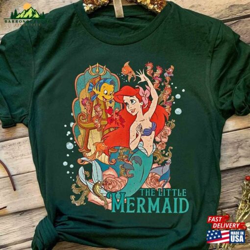 Disney Little Mermaid Movie Ariel Princess Flounder Sebastian Retro Shirt Magic Kingdom Unisex T-Shirt Family Birthday Gift Adult Kid Tee Classic