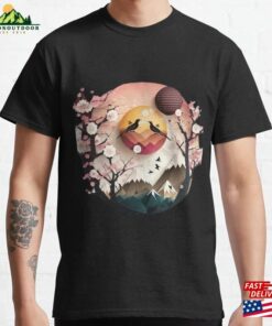Elevated Elegance An Artistic Cherry Blossoms And Mountains Classic T-Shirt Unisex Elevated Elegance An Artistic Cherry Blossoms And Mountains Classic T-Shirt Unisex