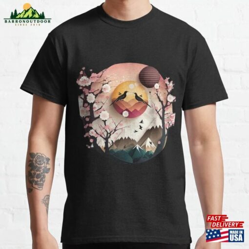 Elevated Elegance An Artistic Cherry Blossoms And Mountains Classic T-Shirt Unisex