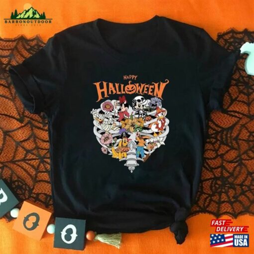 Happy Halloween Mickey Friends Heart Skeleton Pumpkin Flower T-Shirt Classic Hoodie