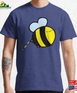 Happy Little Bee Looping Along On Blue Background Classic T-Shirt Unisex Happy Little Bee Looping Along On Blue Background Classic T-Shirt Unisex