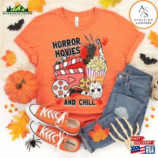 Retro Halloween Horror Movies And Chill Shirt Universal Studios Nights Characters T-Shirt Hoodie