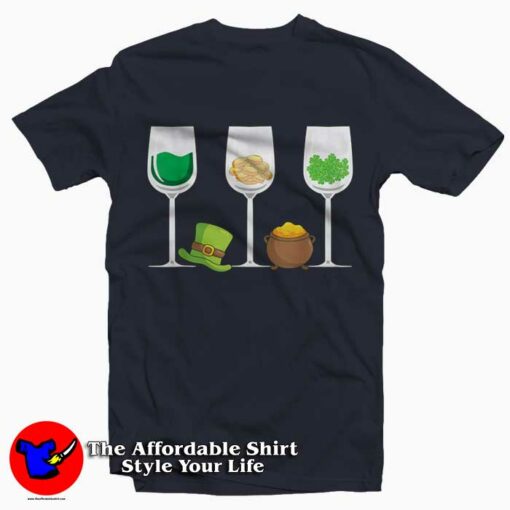 Three Wine Glasses Green Leprechaun T-Shirt St Patrick’s Day