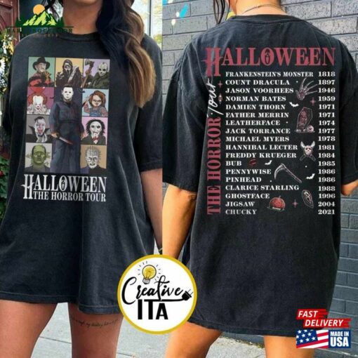 Two Sided Vintage Halloween Characters The Horror Tour Shirt Universal Studios Nights 2023 Classic Unisex