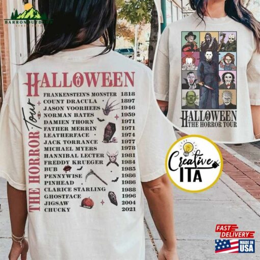 Two Sided Vintage Halloween Characters The Horror Tour Shirt Universal Studios Nights 2023 Classic Unisex