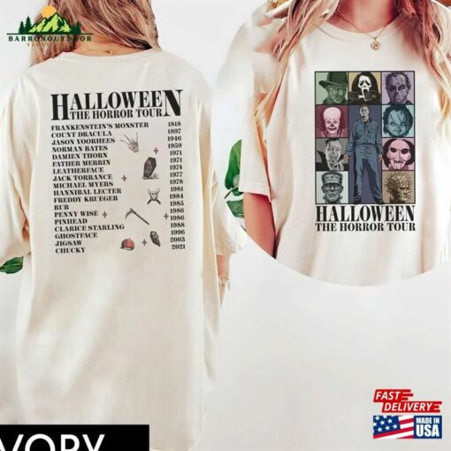 Two Sided Vintage Halloween Characters The Horror Tour Shirt Universal Studios Nights 2023 Sweatshirt Unisex