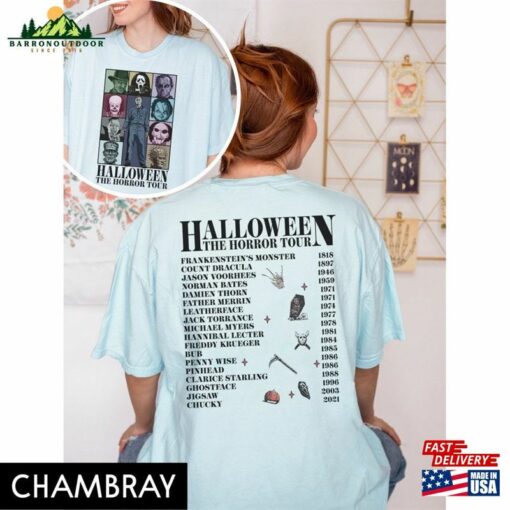 Two Sided Vintage Halloween Characters The Horror Tour Shirt Universal Studios Nights 2023 Sweatshirt Unisex