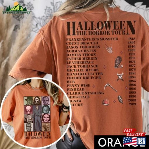 Two Sided Vintage Halloween Characters The Horror Tour Shirt Universal Studios Nights 2023 Sweatshirt Unisex