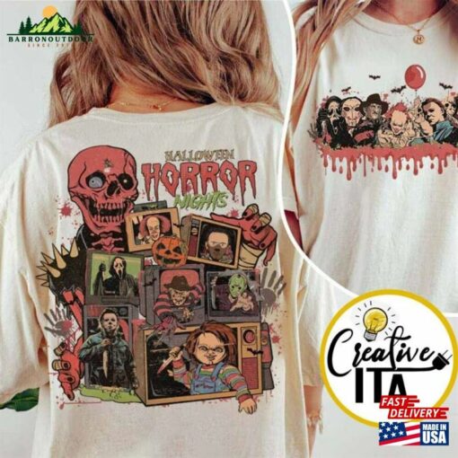 Two Sided Vintage Universal Studios Halloween Horror Nights 2023 Shirt Movie Character Costume T-Shirt Sweatshirt