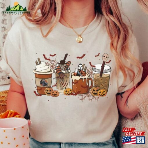 Vintage Halloween Horror Characters Coffee Shirt Pumpkin Skeleton Cups Classic Unisex