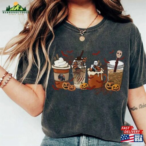 Vintage Halloween Horror Characters Coffee Shirt Pumpkin Skeleton Cups Classic Unisex