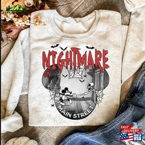 Vintage Nightmare On The Main Streat Shirt Mickey Skeleton Halloween Tee Disney Shirts Sweatshirt T-Shirt