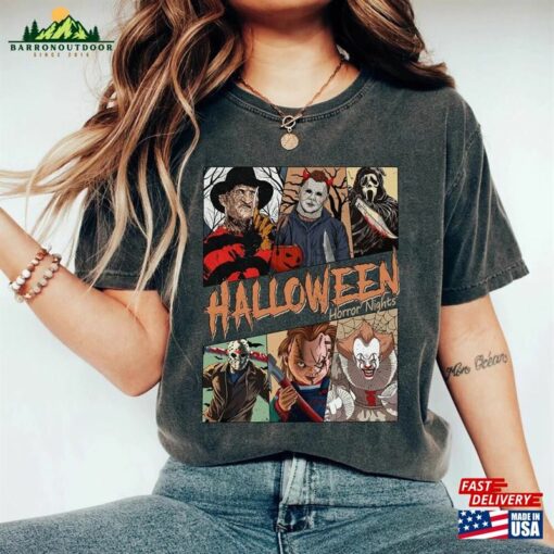 Vintage Retro Universal Studios Halloween Horror Nights Shirt Characters Group Scary Movie Costume T-Shirt Unisex