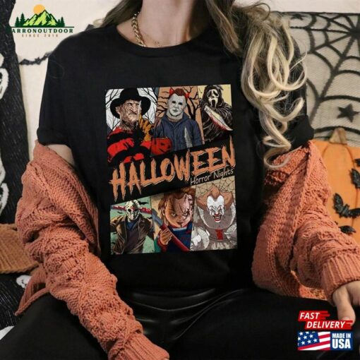 Vintage Retro Universal Studios Halloween Horror Nights Shirt Characters Group Scary Movie Costume T-Shirt Unisex