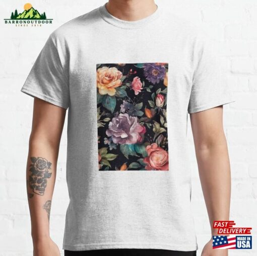 Watercolor Summer Flowers Pattern Black Background Classic T-Shirt Sweatshirt