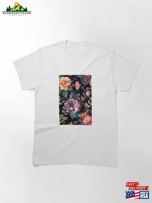 Watercolor Summer Flowers Pattern Black Background Classic T-Shirt Sweatshirt