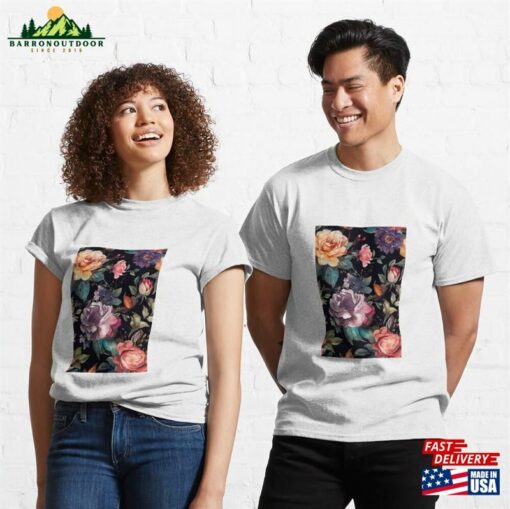 Watercolor Summer Flowers Pattern Black Background Classic T-Shirt Sweatshirt