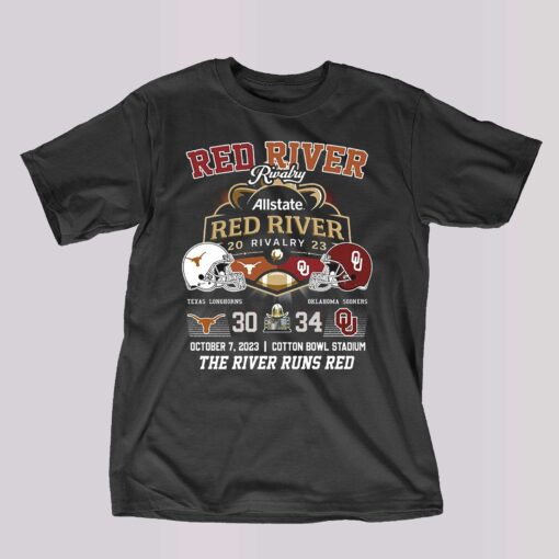 Allstate 2023 Red River Rivalry Oklahoma Sooners 34 October 7 The River Runs Red T-shirt