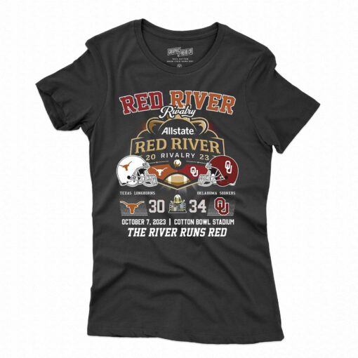 Allstate 2023 Red River Rivalry Oklahoma Sooners 34 October 7 The River Runs Red T-shirt