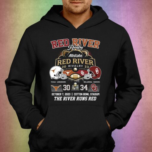 Allstate 2023 Red River Rivalry Oklahoma Sooners 34 October 7 The River Runs Red T-shirt