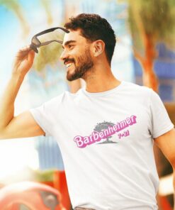 Barbenheimer In Pink Barbie Font Unisex Jersey Short Sleeve Barbenheimer In Pink Barbie Font Unisex Jersey Short Sleeve