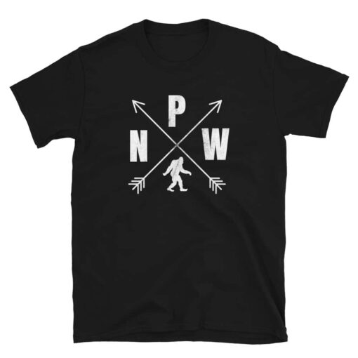 Black PNW Logo Bigfoot T-Shirt Compass Crossed Arrows Distressed